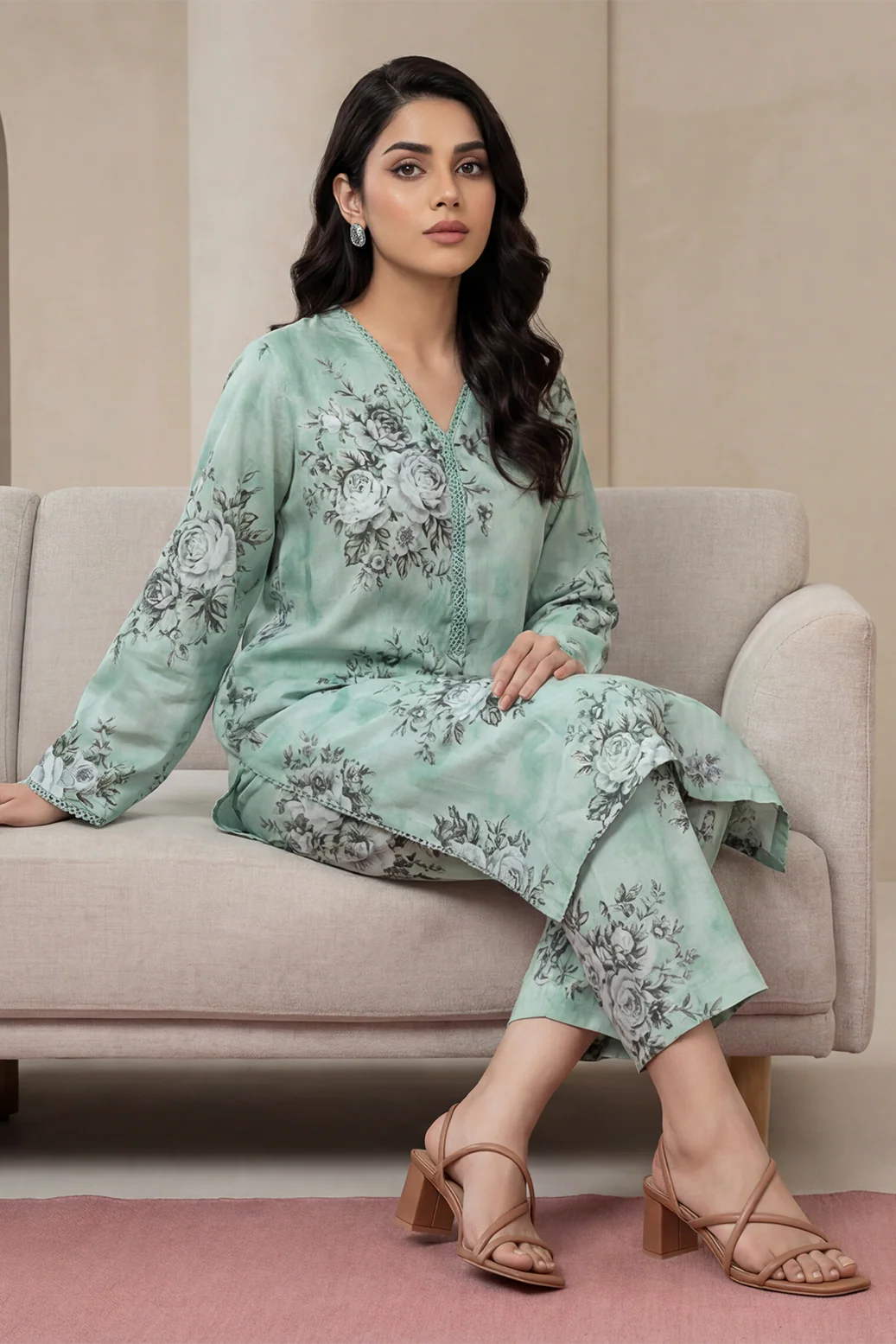 2pc co-ord set mint green with floral print noore vol 4