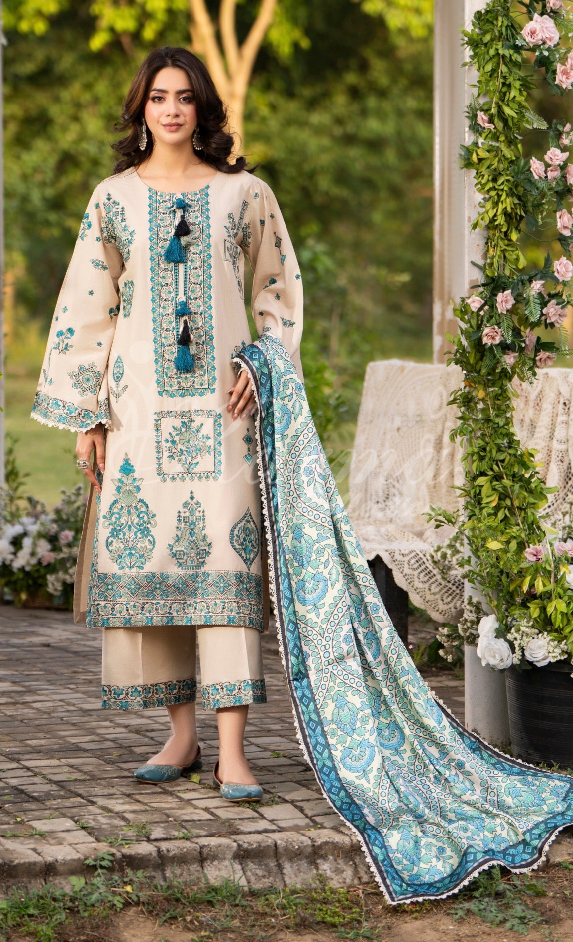 Baige and blue 3cpc embroidery original karma outfit