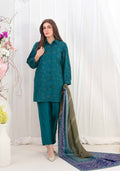 Deep Teal Embroidered Shirt with Olive Green Digital Printed Shawl Dupatta