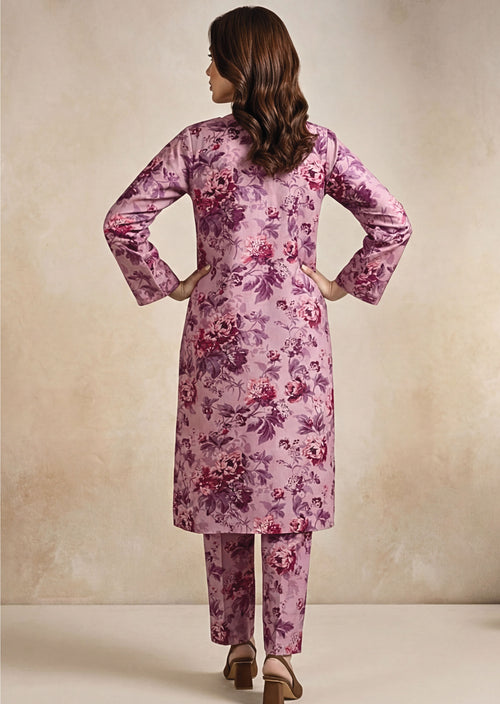 Mauve Pink Linen Stitched Staple Digital print suit