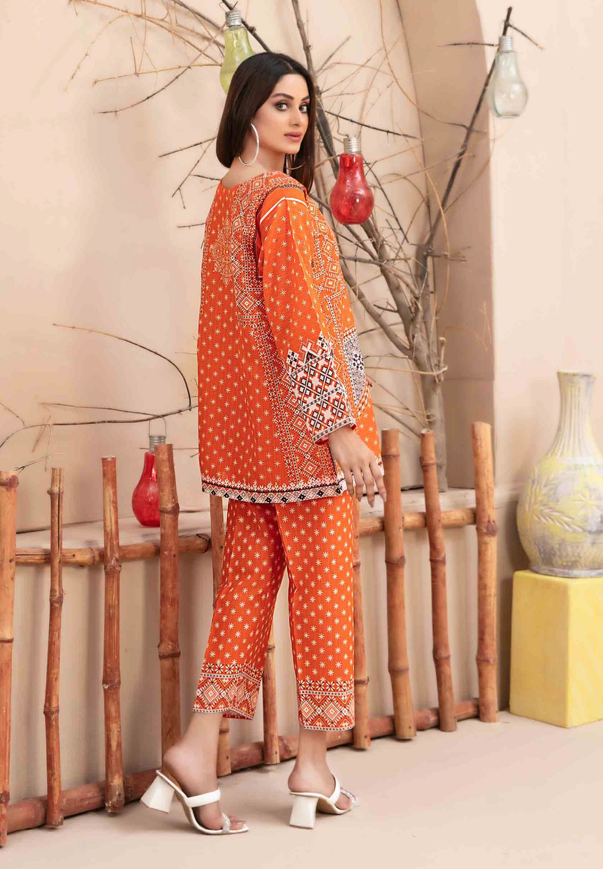 Orange Khaddar 2-Piece Suit with Geometric Printed Borders
