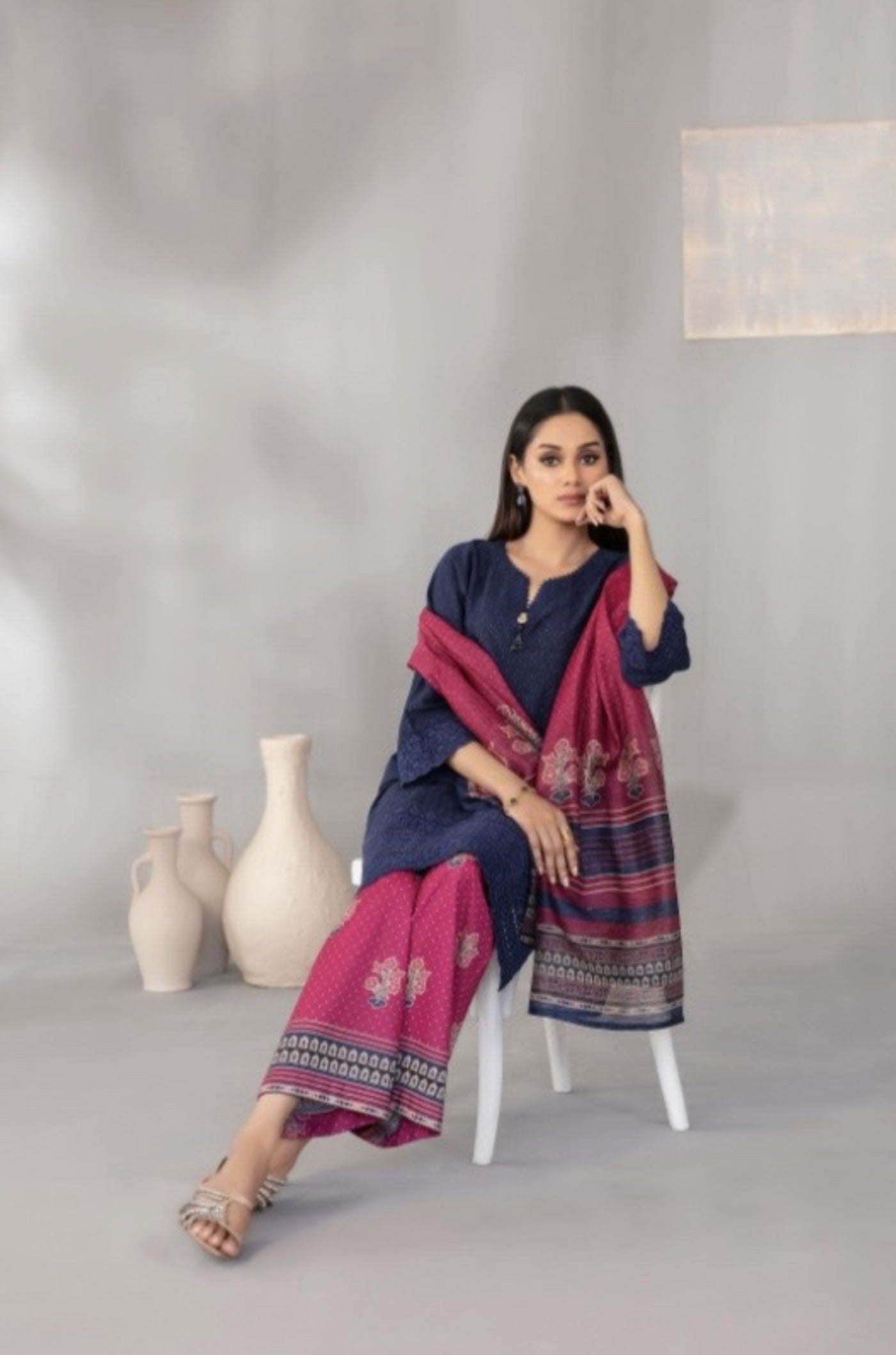 Deep Navy Embroidered Schiffli Lawn with Digital Printed Dupatta