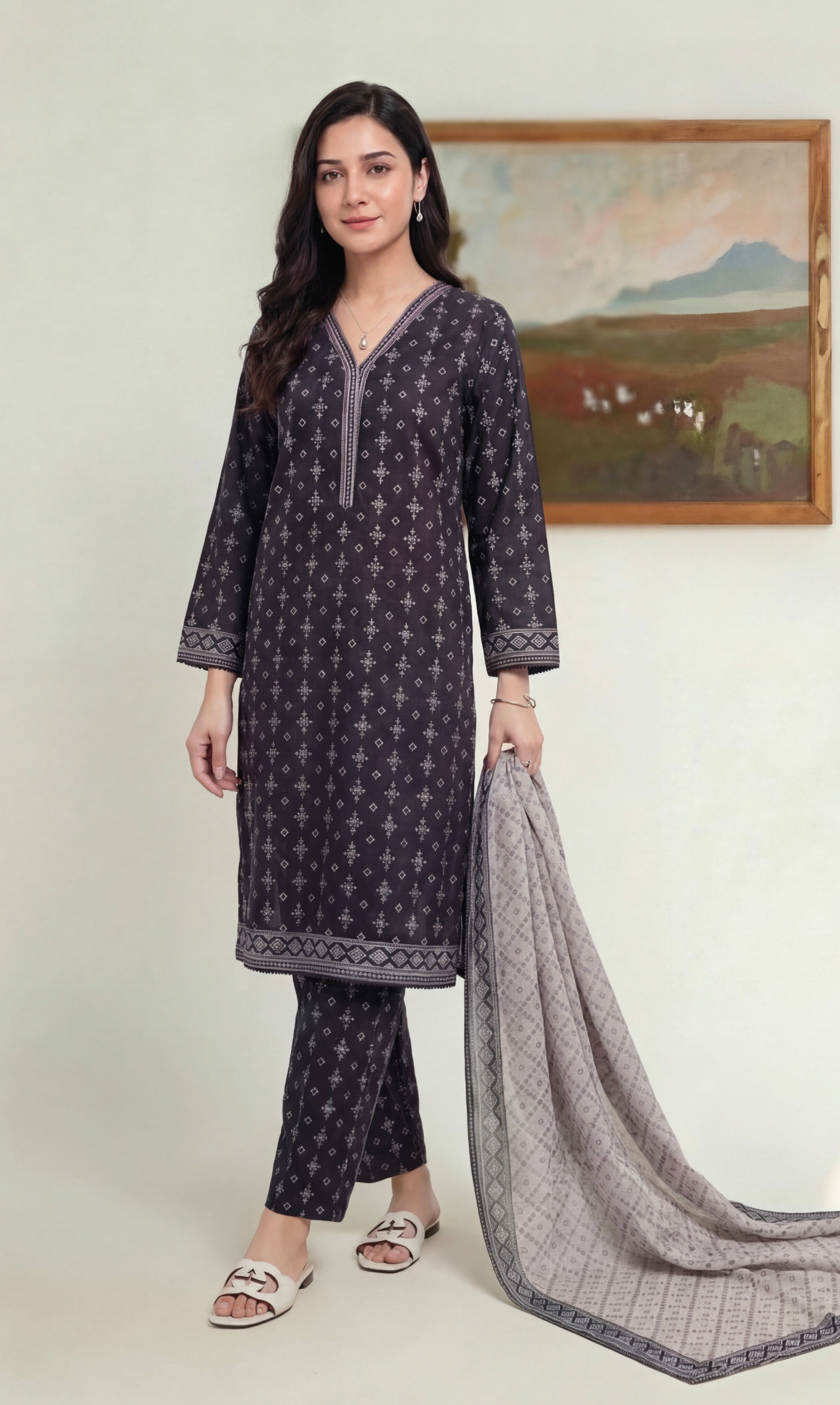 Midnight Plum Lawn Rotary Print 3PC Ready-to-Wear