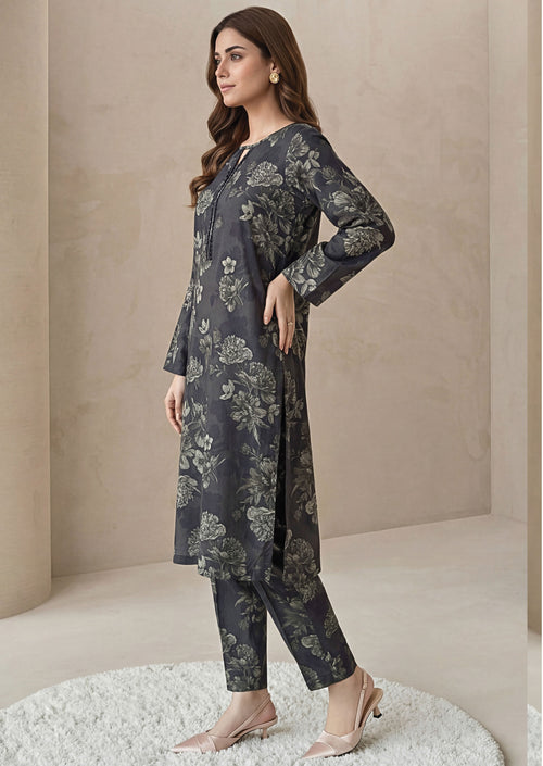 Smoky Grey Linen Stitched Staple Digital print suit