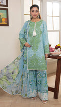 Misty Blue Embroidered Lawn Suit with Floral Printed Trouser & Chiffon Dupatta
