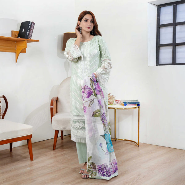 Light green with white thread embroidery