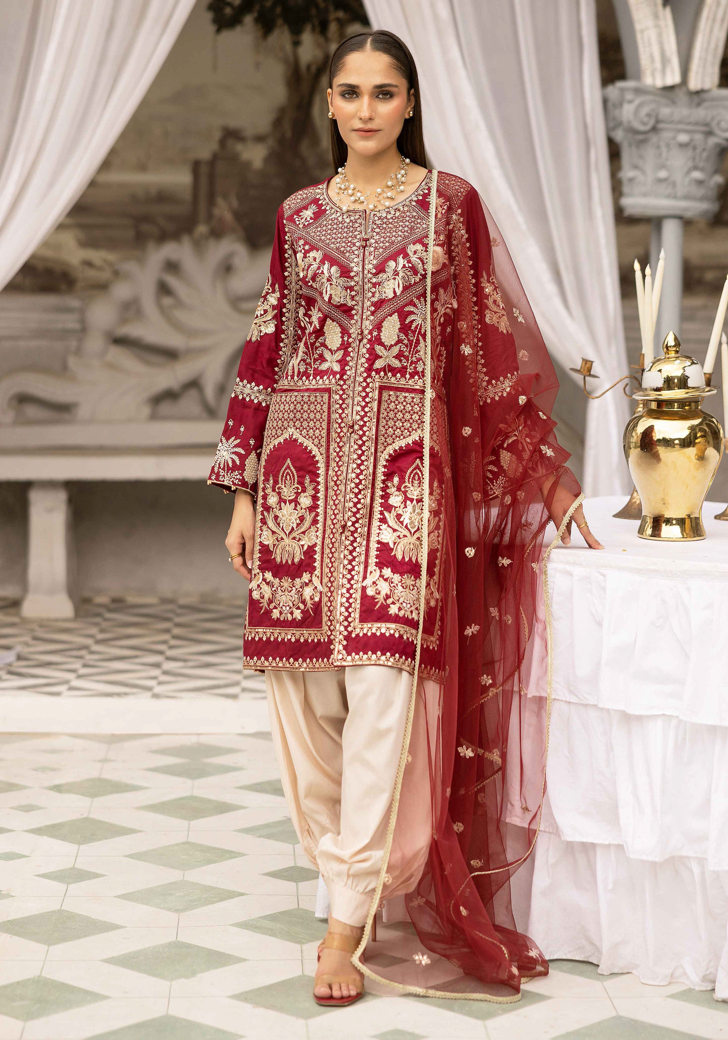 Ruby Red Luxury Embroidered 3-Piece Suit with Organza Dupatta & Tulip Shalwar