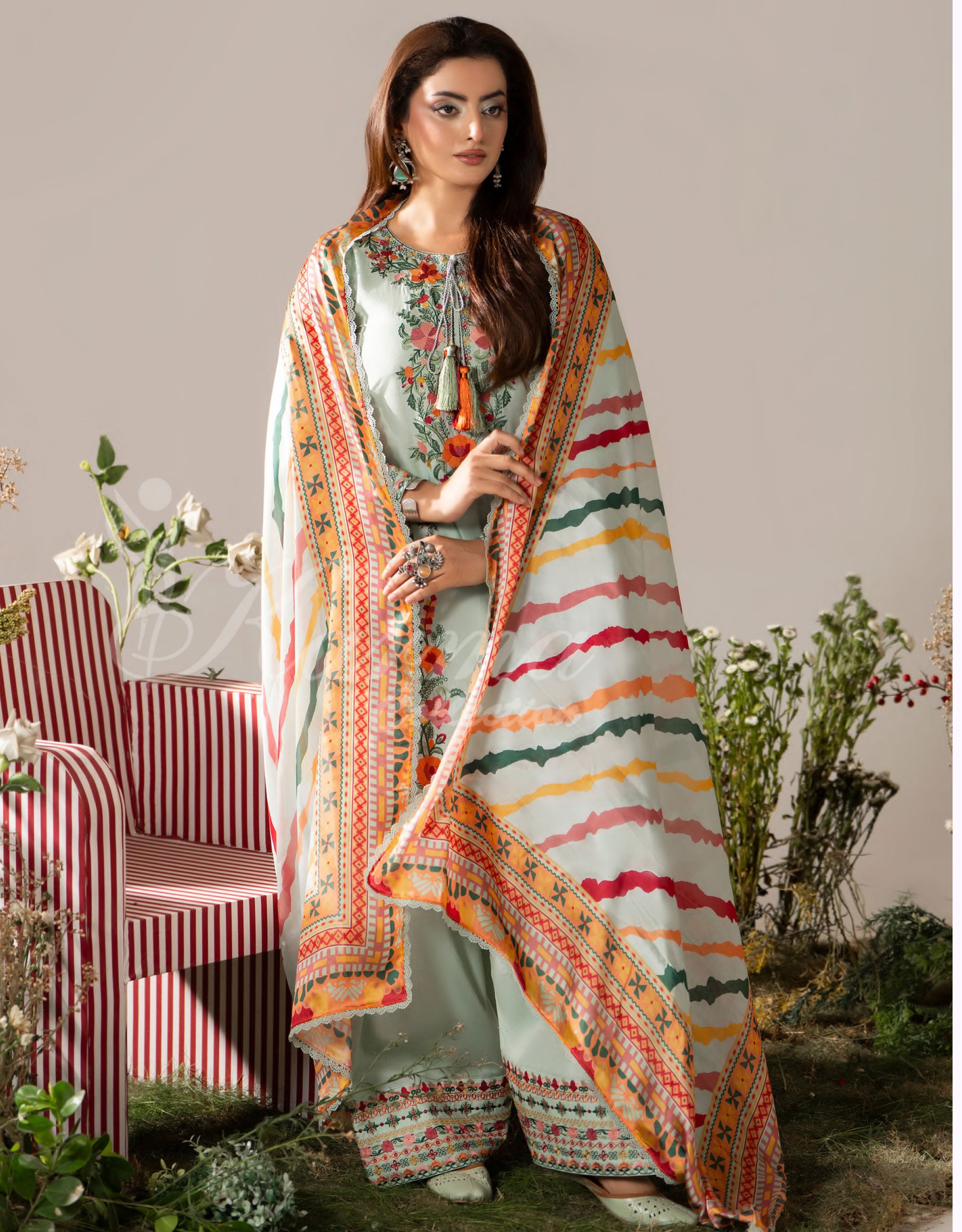 Muted sage Karma Signature Embroidered 3 Piece suit