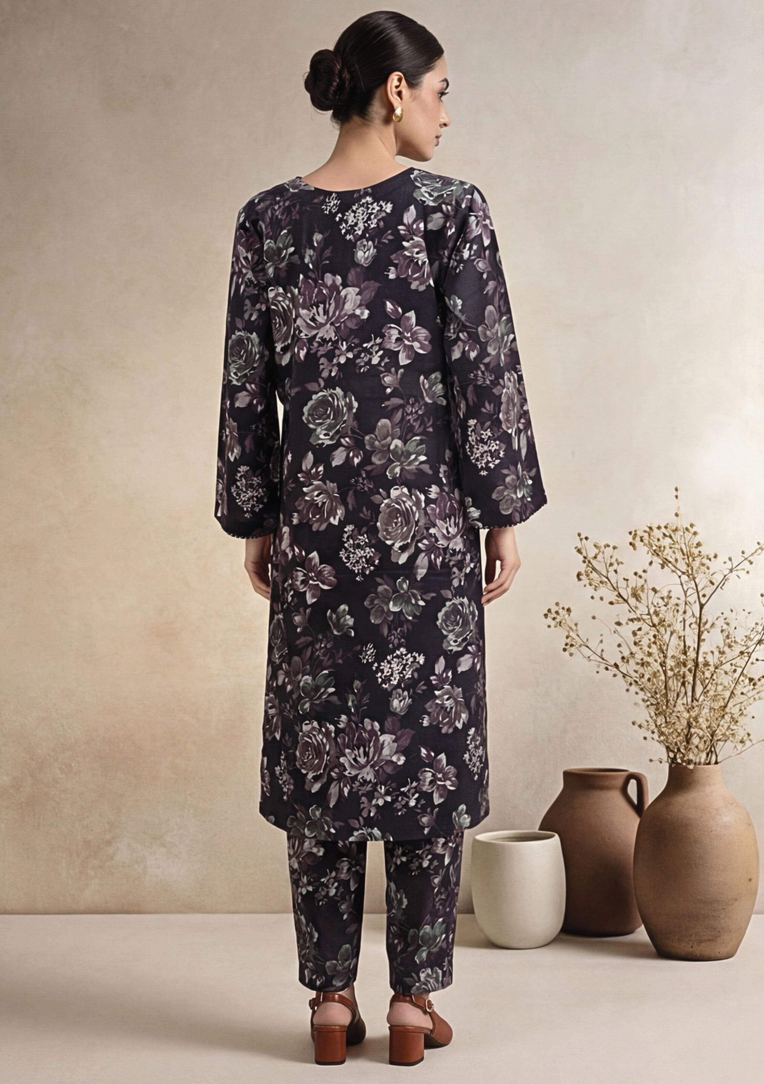 Deep Graphite Linen Stitched Staple Digital print suit