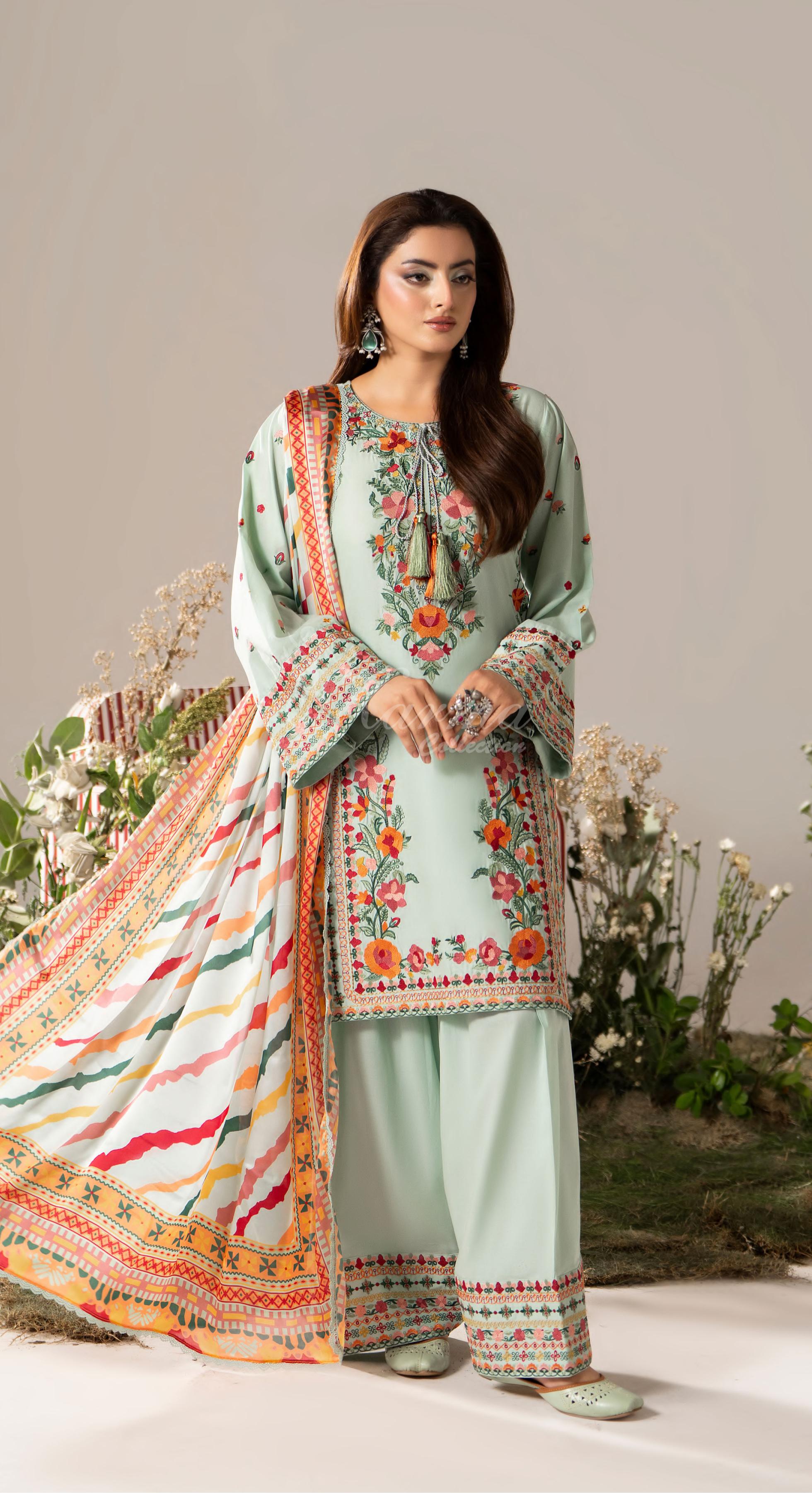 Muted sage Karma Signature Embroidered 3 Piece suit