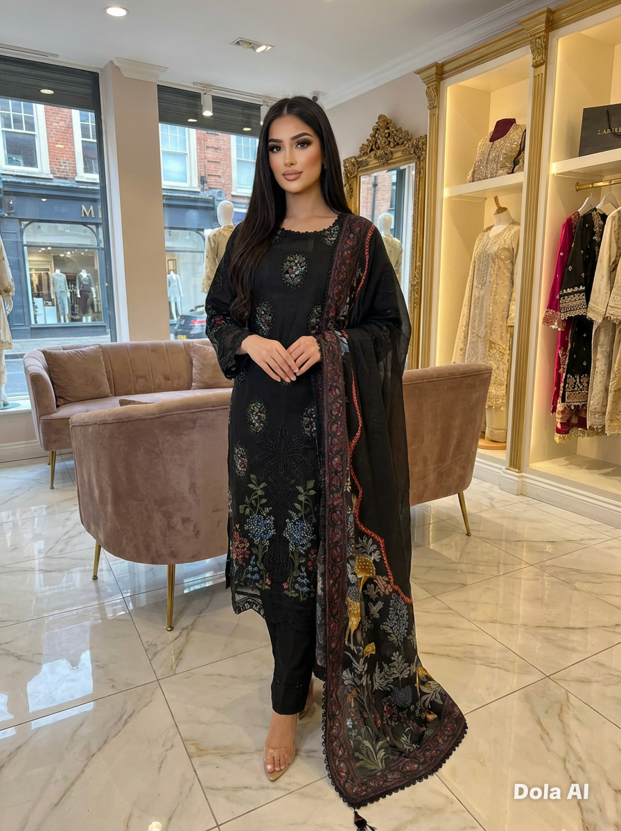 Maria b inspired black with red and blue embroidery 3pc outfit