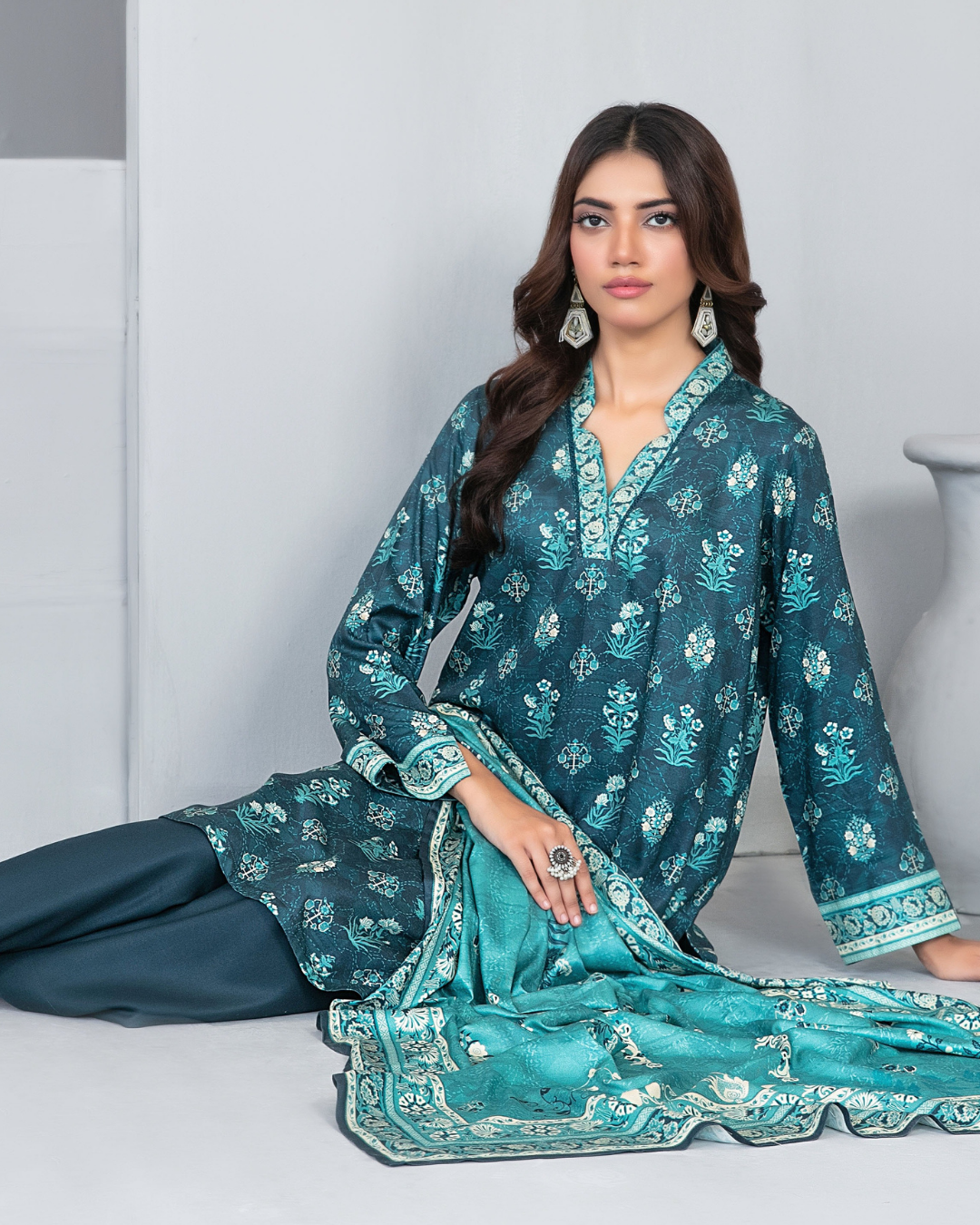 Teal Blue Digital Print Shawl Dupatta 3-Piece Suit – Dilnur Collection
