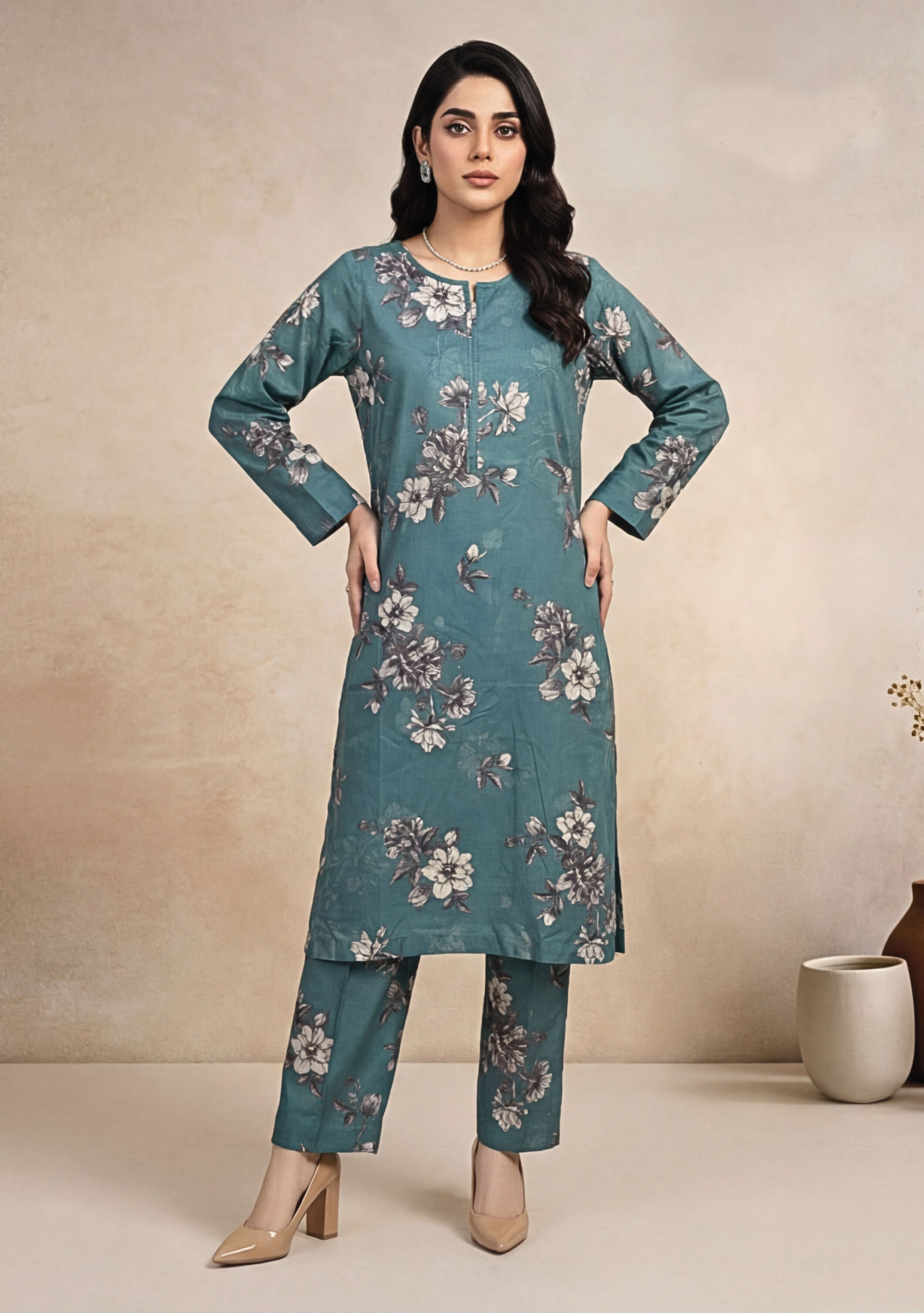 Dusty Teal Linen Stitched Staple Digital print suit
