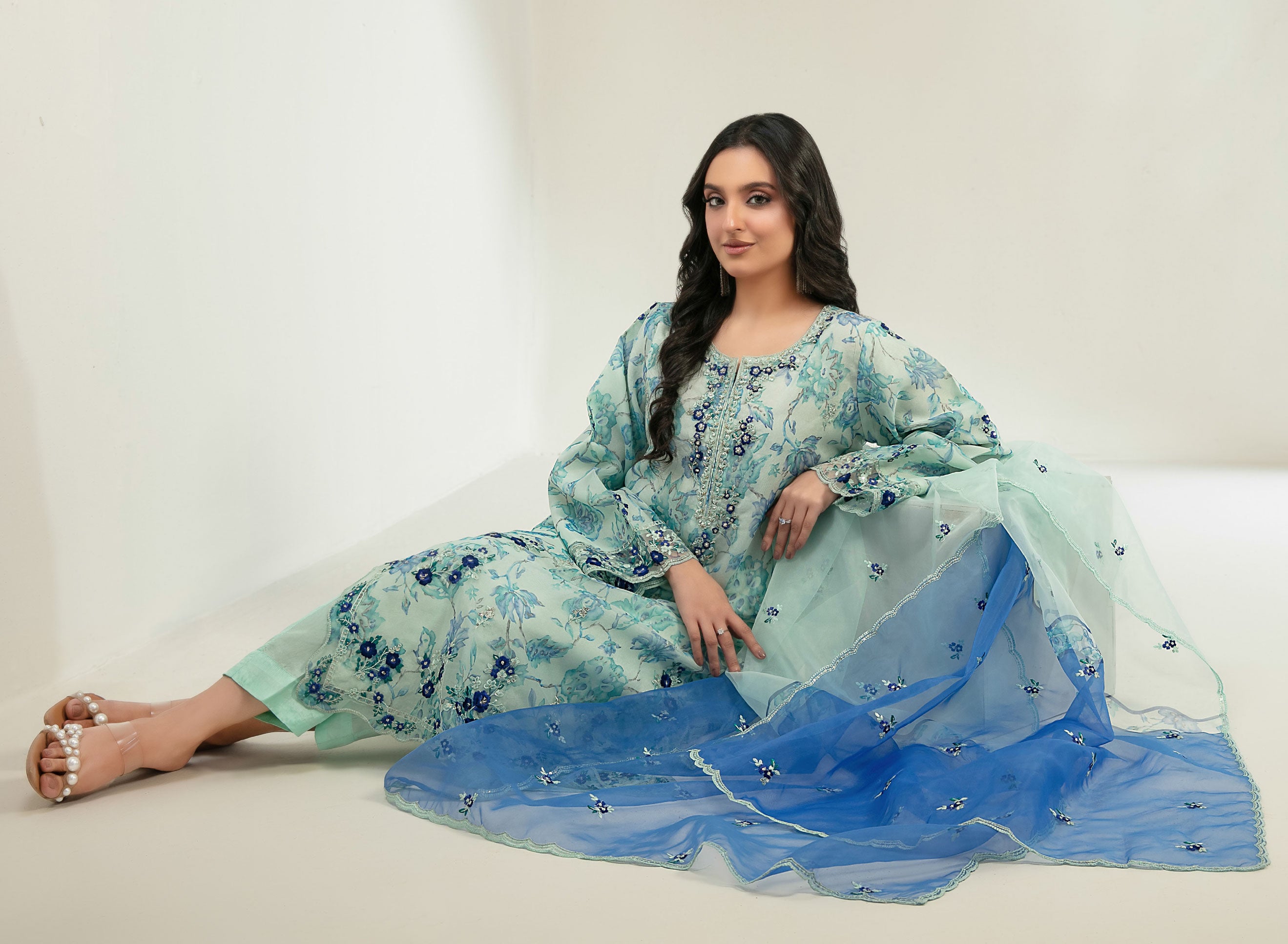 Mint Cream Stitched Fancy Embrioderd organza suit