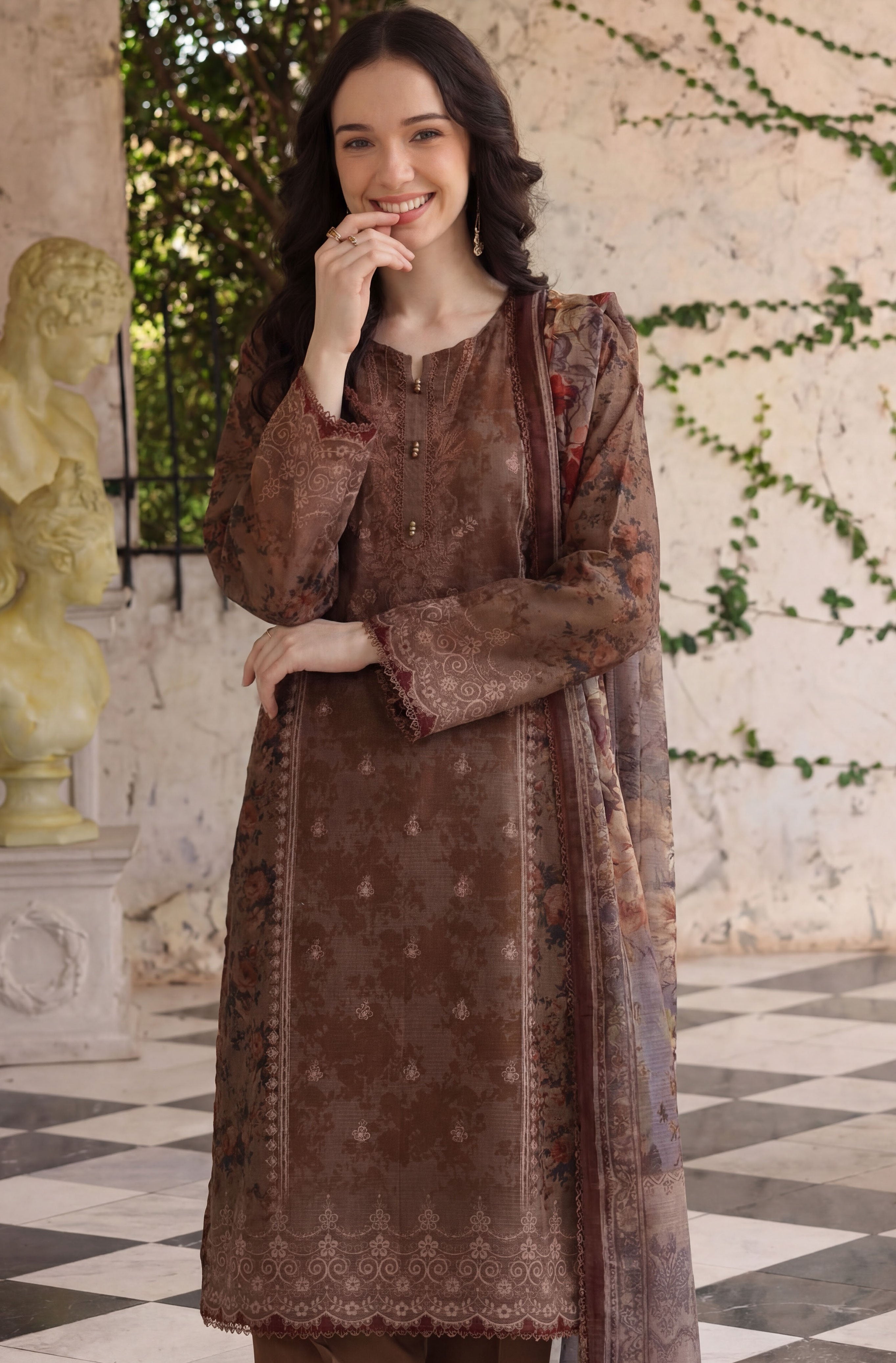 Rustic brown 3pc Lawn Stitched Suit