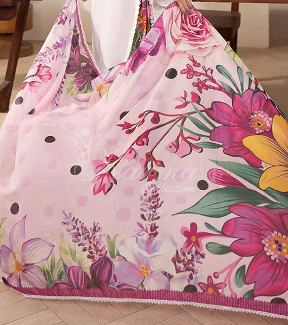 Spring Bloom Embroidered Lawn Suit with Floral Printed Dupatta & Farshi Shalwar