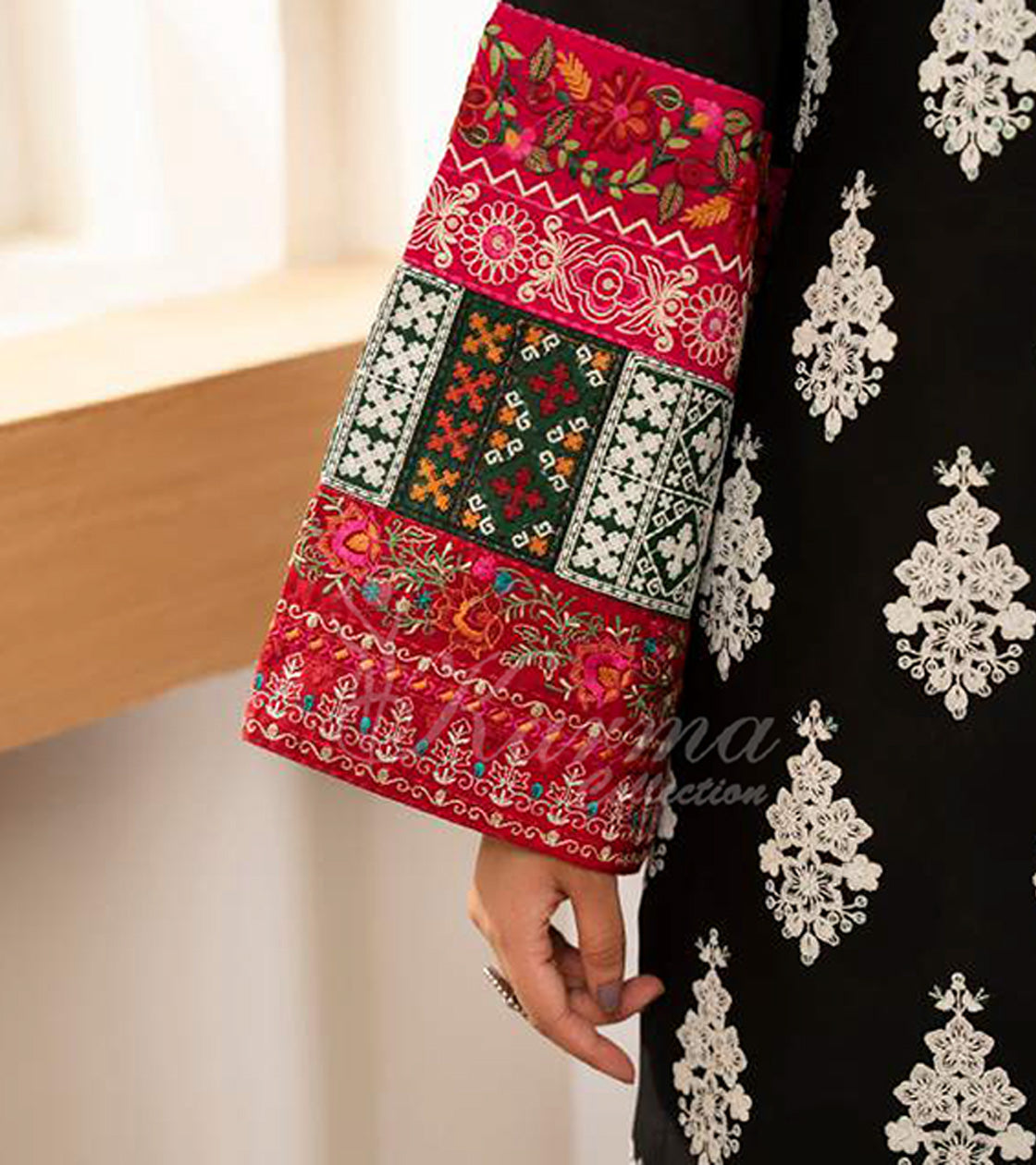 Rich Black Embroidered Lawn Suit with Printed Trouser & Chiffon Dupatta