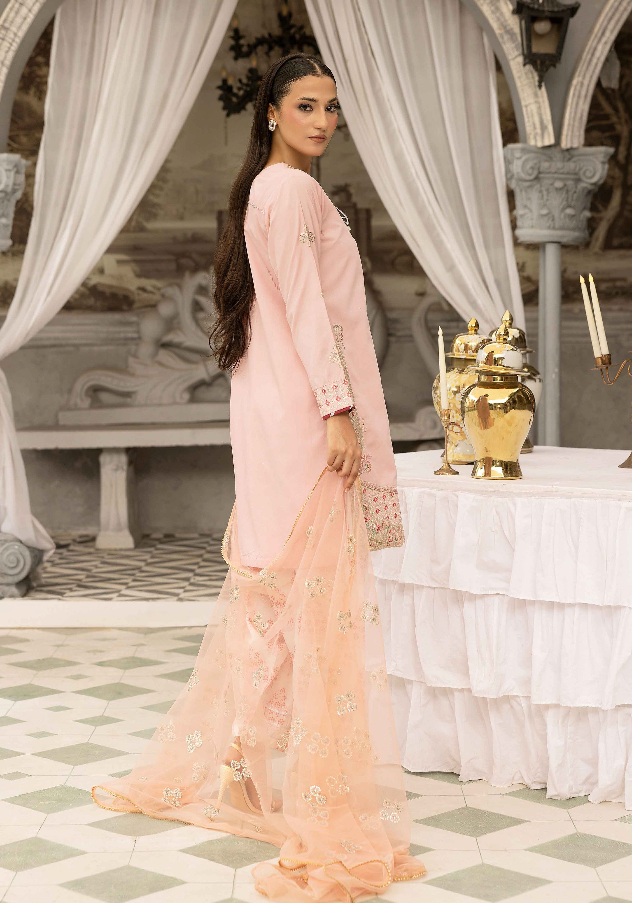 Blush Pink Embroidered 3-Piece Lawn Suit with Organza Dupatta & Printed Palazzo