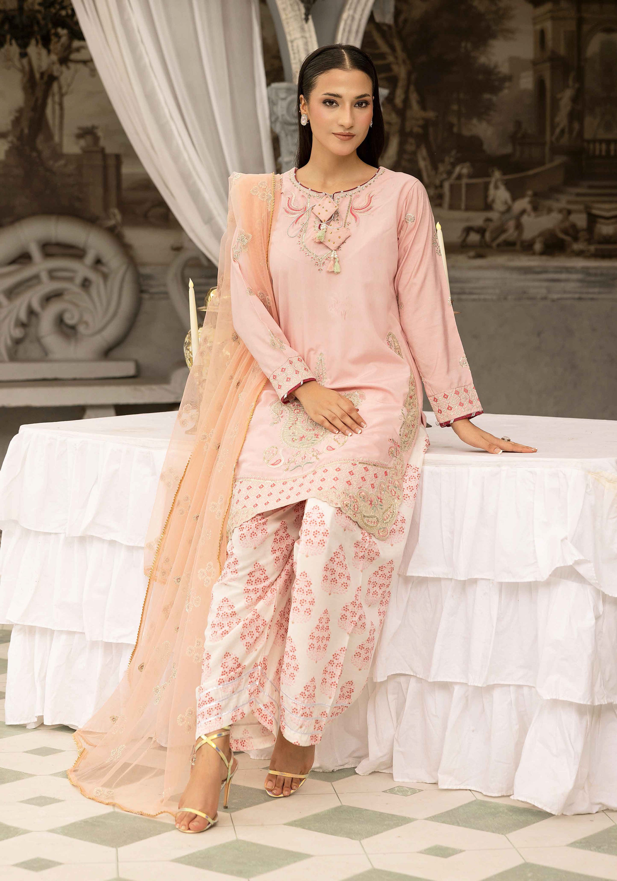 Blush Pink Embroidered 3-Piece Lawn Suit with Organza Dupatta & Printed Palazzo