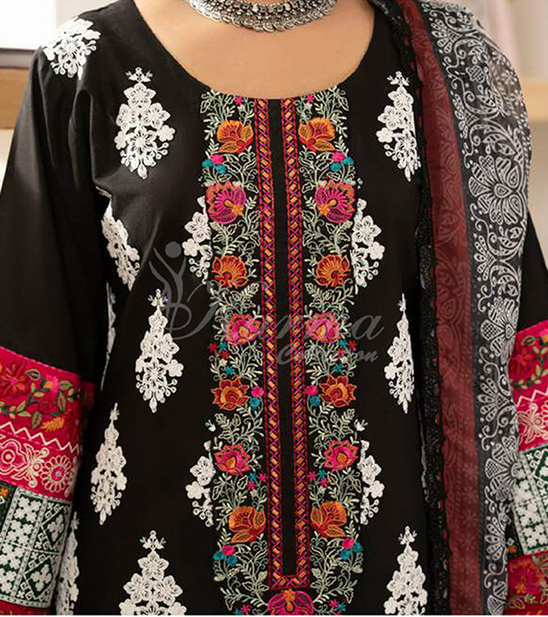 Rich Black Embroidered Lawn Suit with Printed Trouser & Chiffon Dupatta