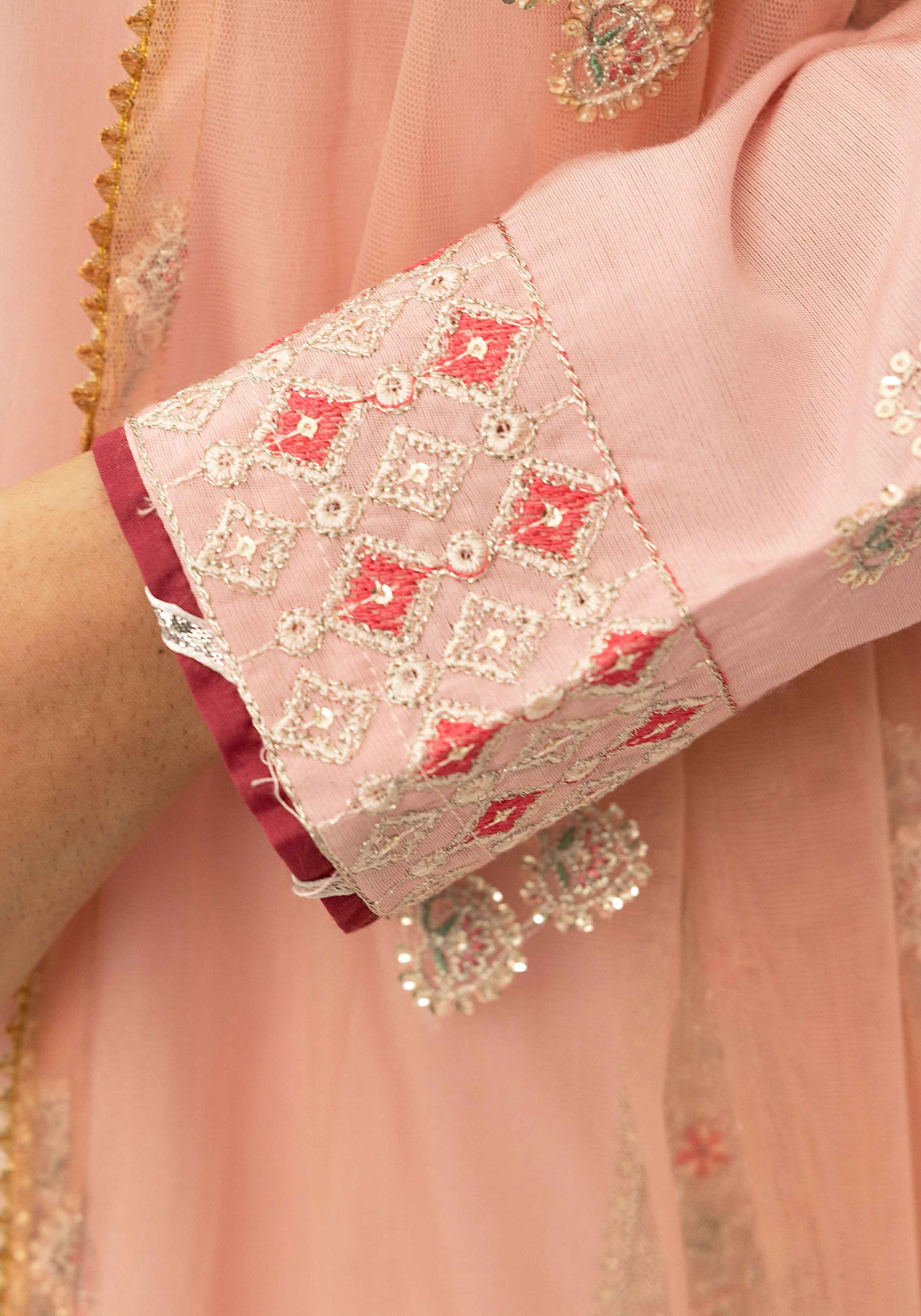 Blush Pink Embroidered 3-Piece Lawn Suit with Organza Dupatta & Printed Palazzo