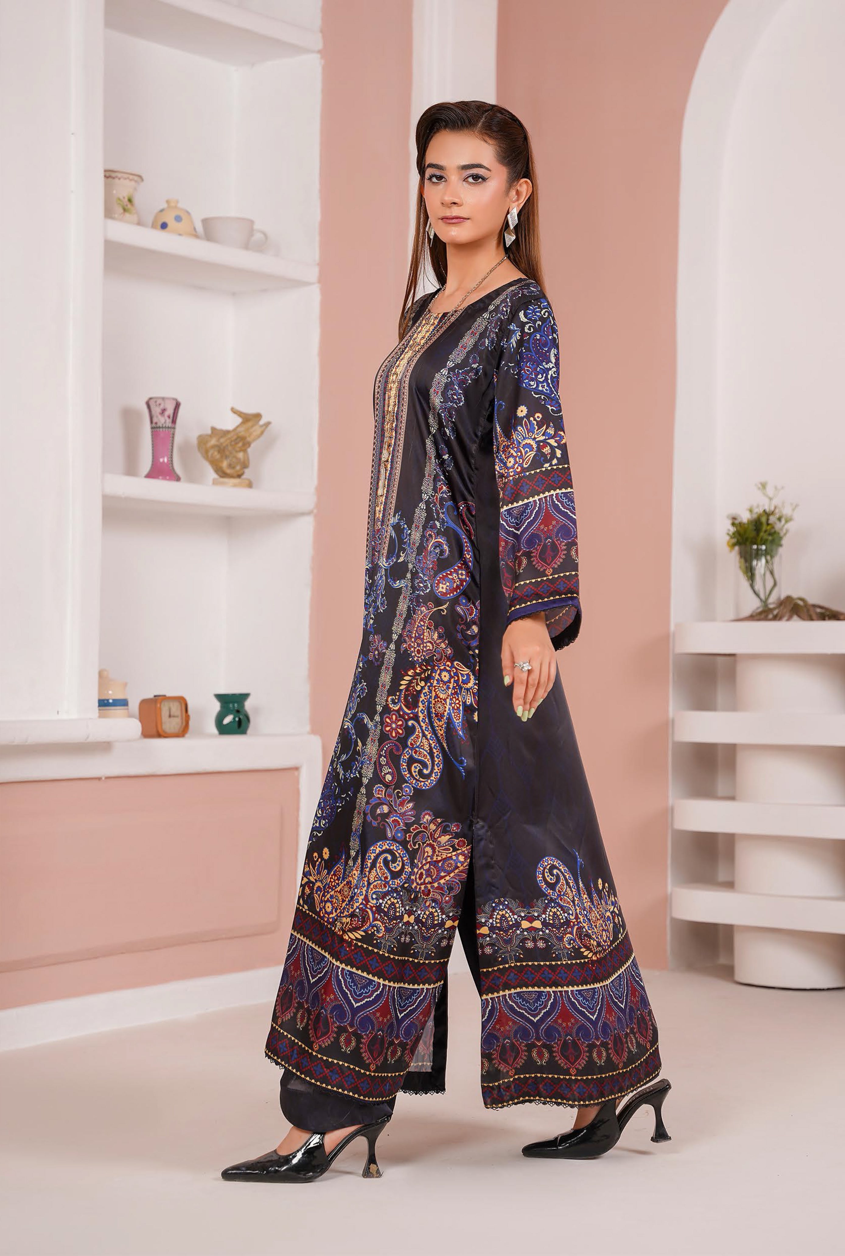 Navy Blue Printed Silk Long Shirt & Trouser Suit