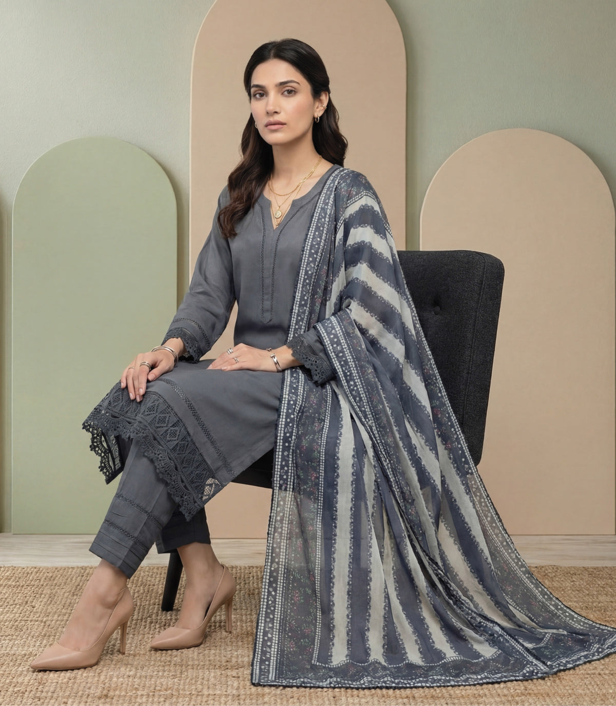 Grey Embroidered 3-Piece Suit with Striped Digital Print Dupatta