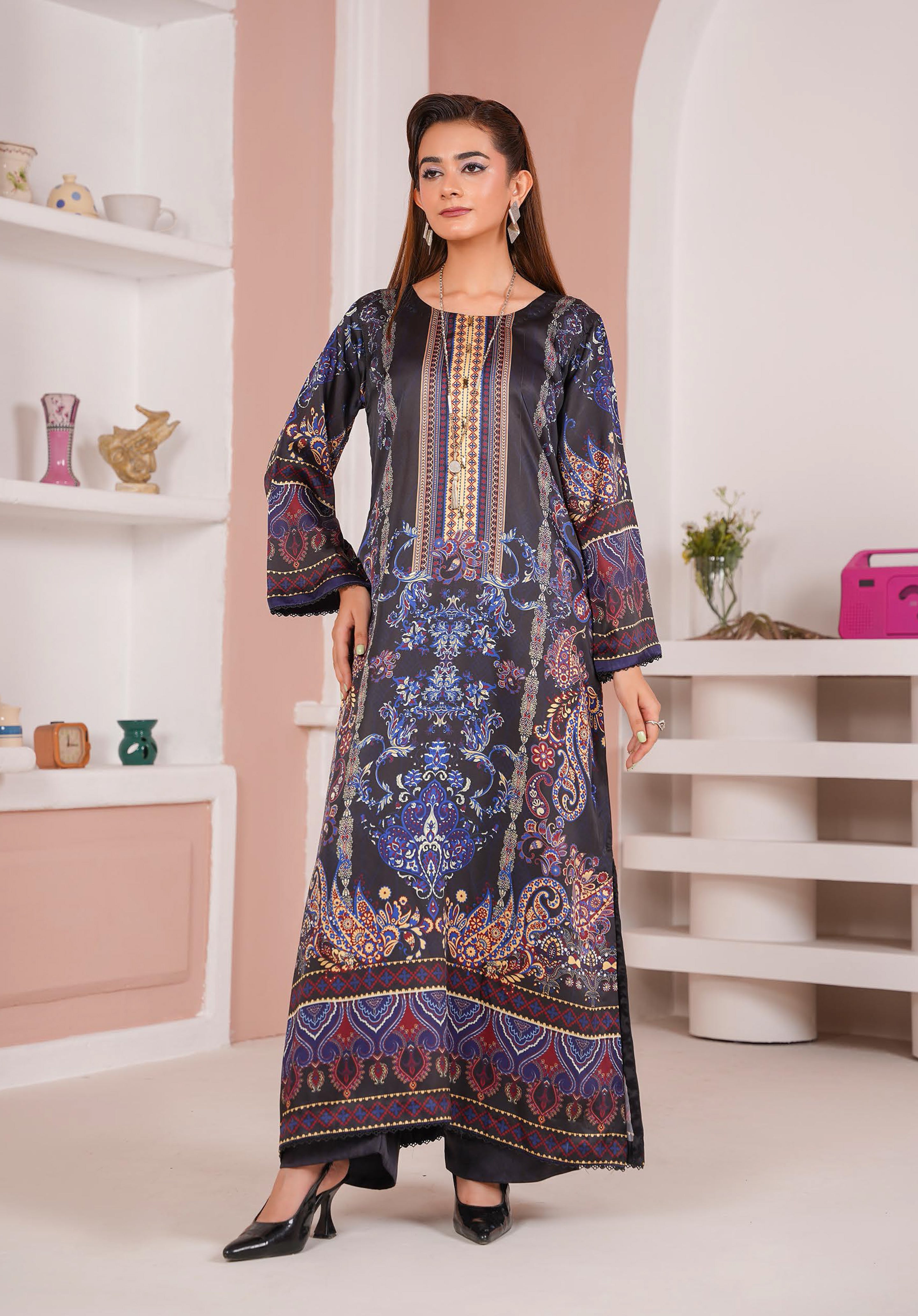 Navy Blue Printed Silk Long Shirt & Trouser Suit