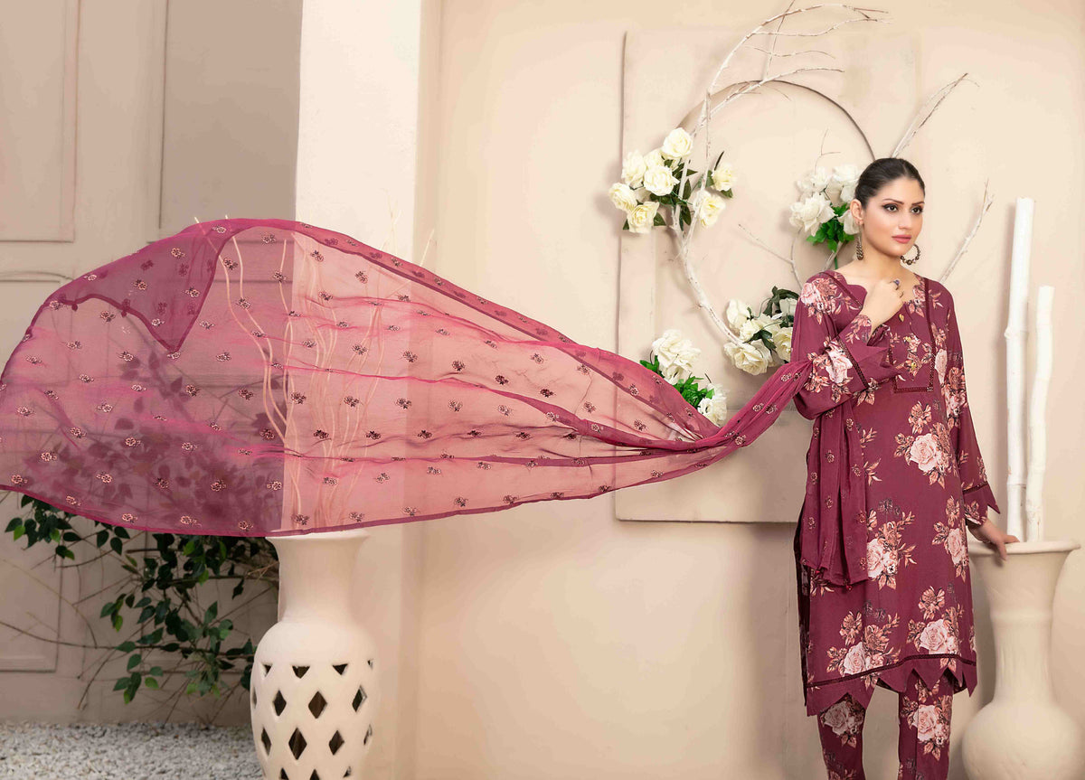 Maroon Floral 3-Piece Suit with Embroidered Chiffon Dupatta