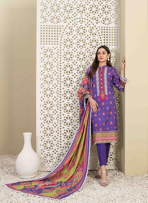 Purple Khaddar Embroidered 3-Piece Suit with Lime Green Printed Dupatta