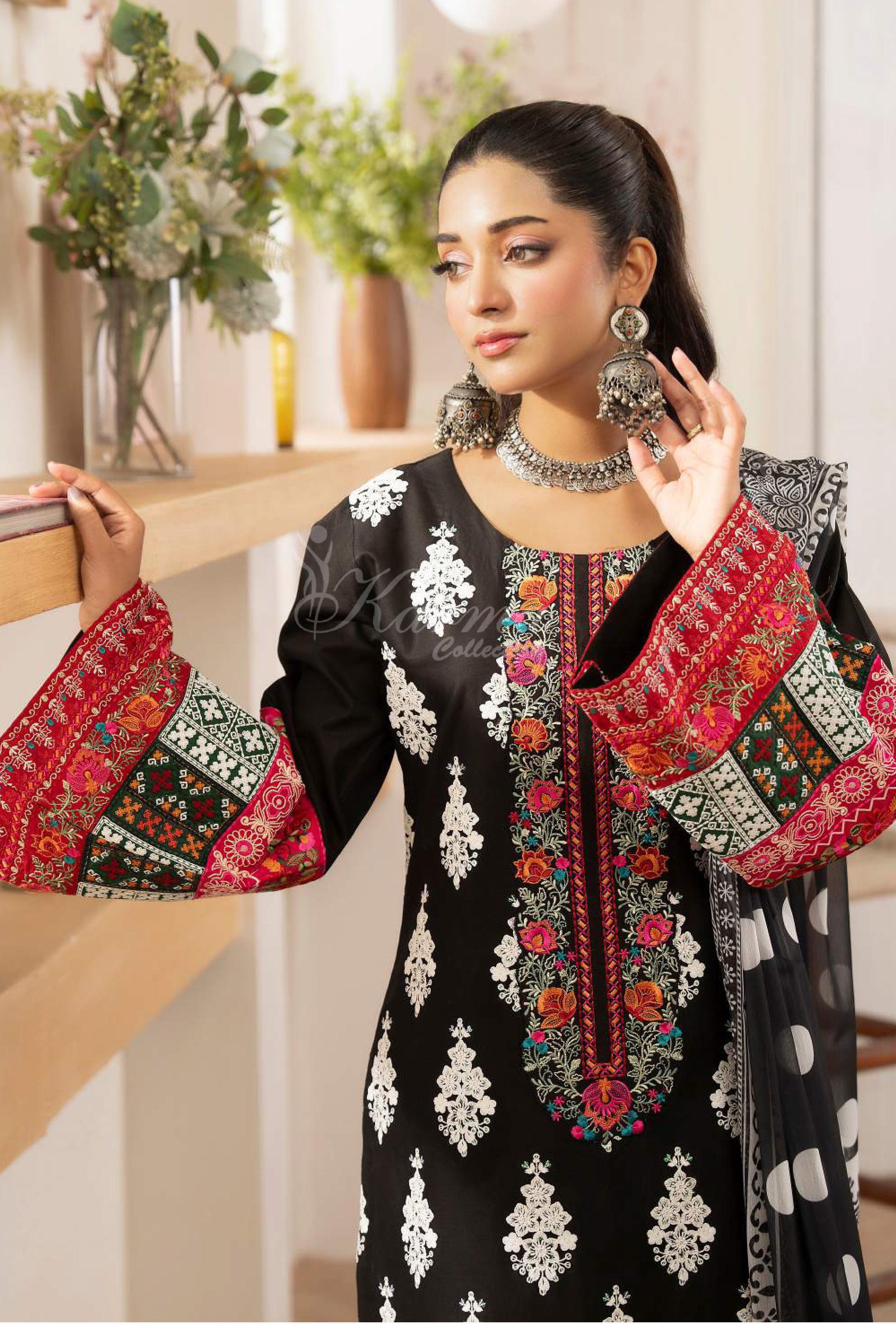 Rich Black Embroidered Lawn Suit with Printed Trouser & Chiffon Dupatta