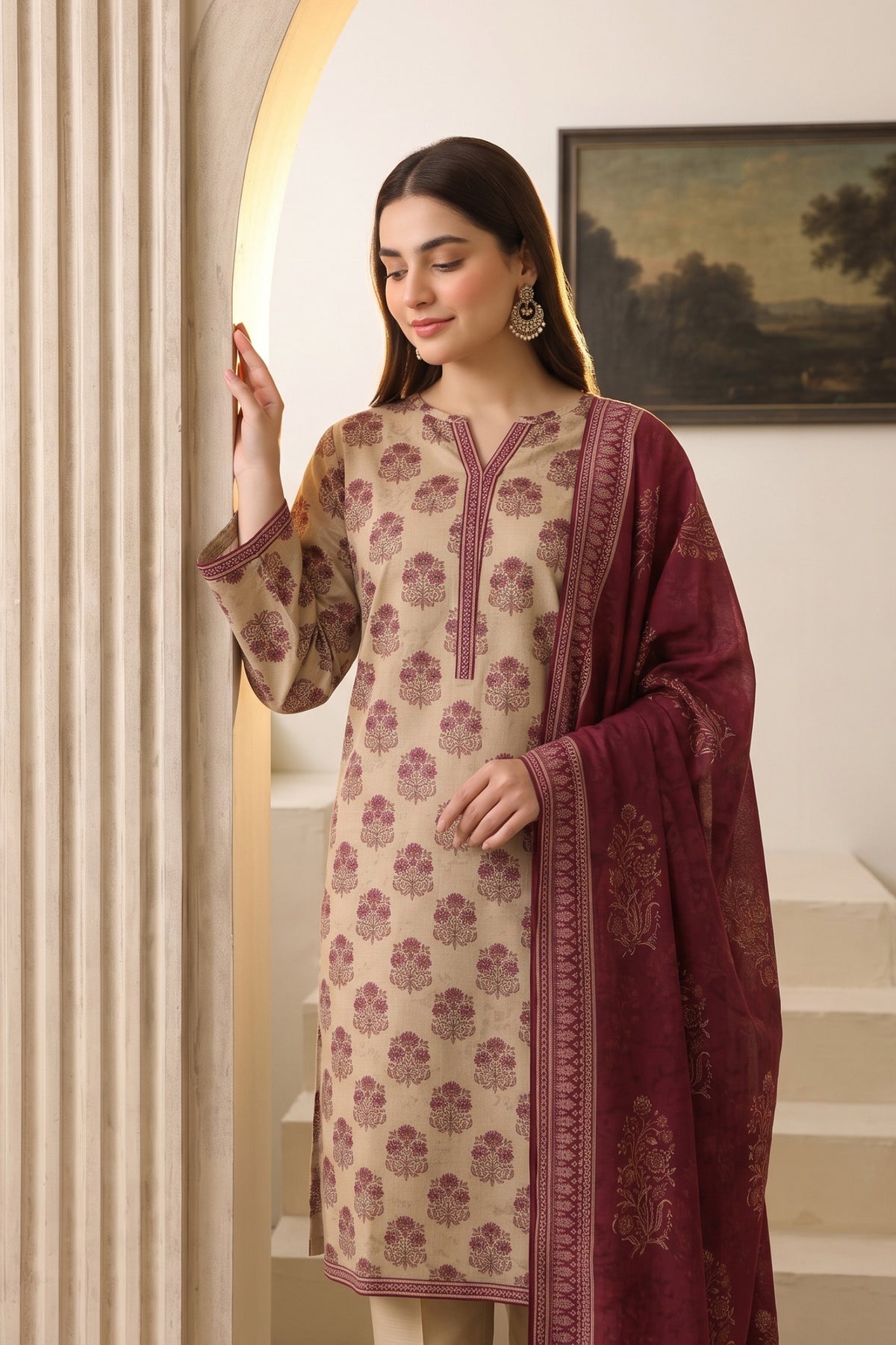 Ivory & Maroon Printed Khaddar 3-Piece Suit