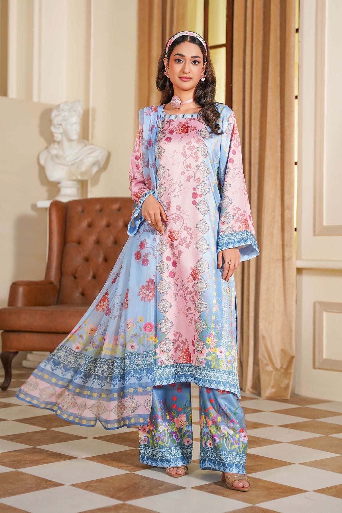 Pastel Pink and Blue Floral Printed 3-Piece Suit with Contrast Borders