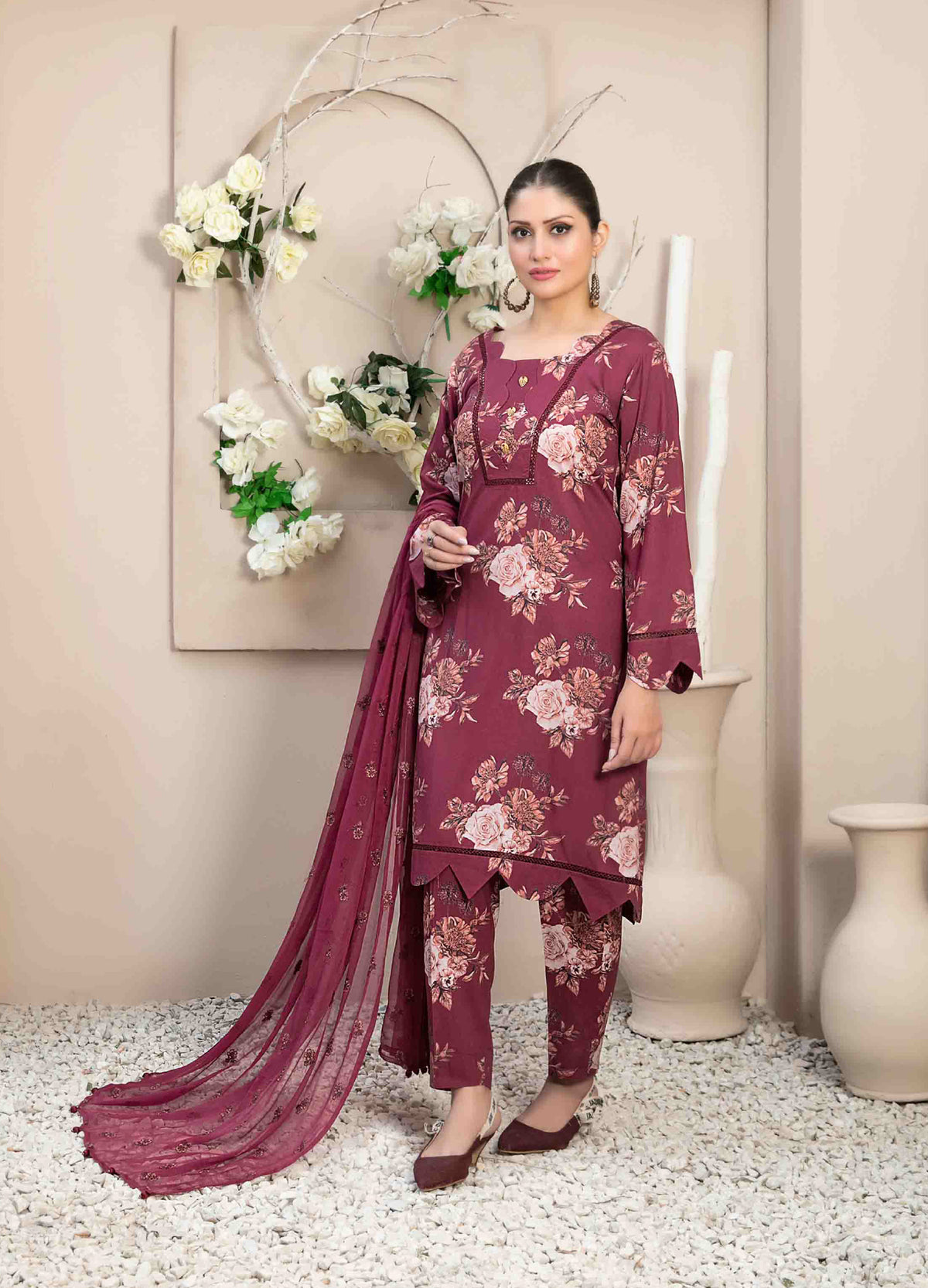 Maroon Floral 3-Piece Suit with Embroidered Chiffon Dupatta