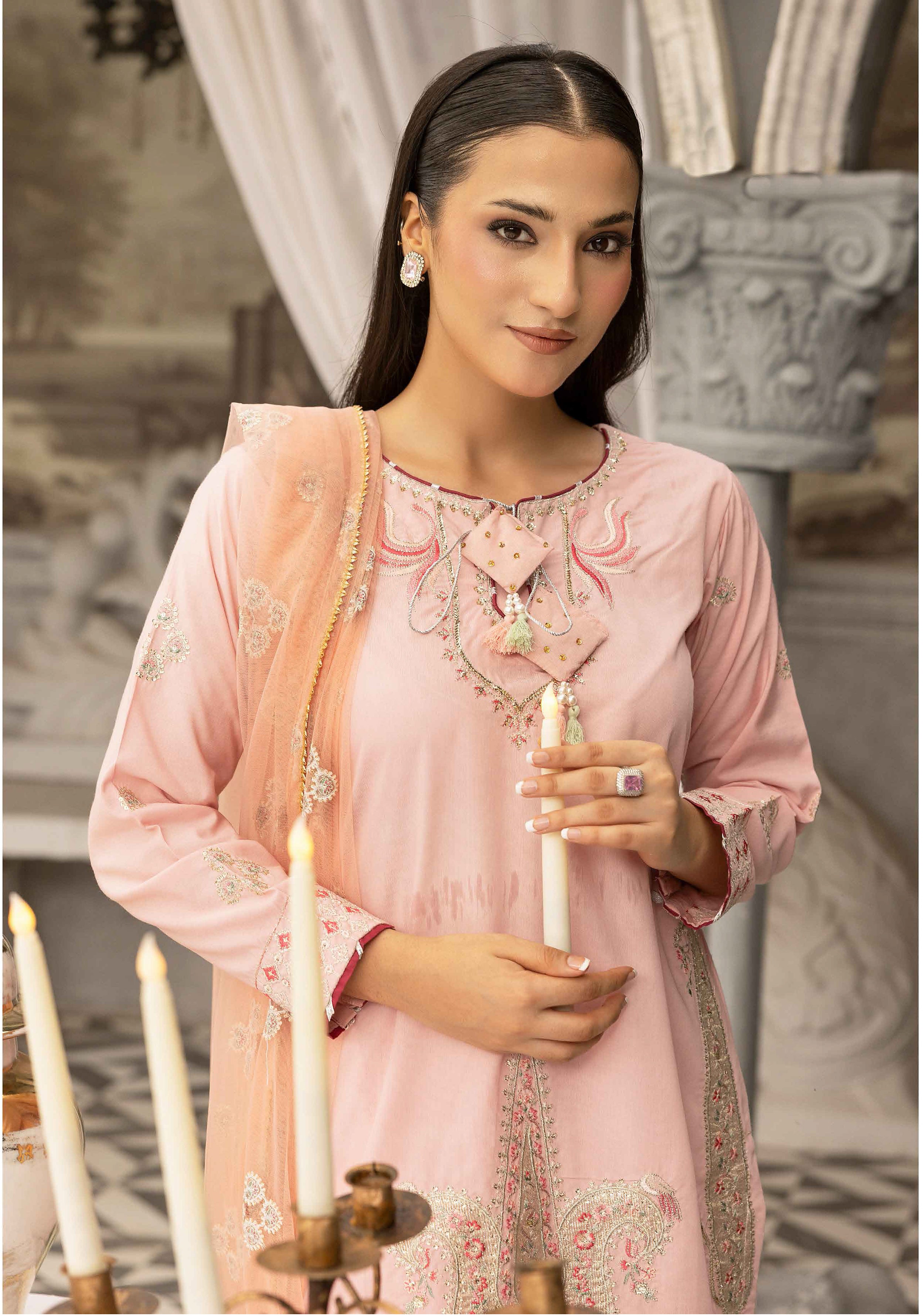 Blush Pink Embroidered 3-Piece Lawn Suit with Organza Dupatta & Printed Palazzo