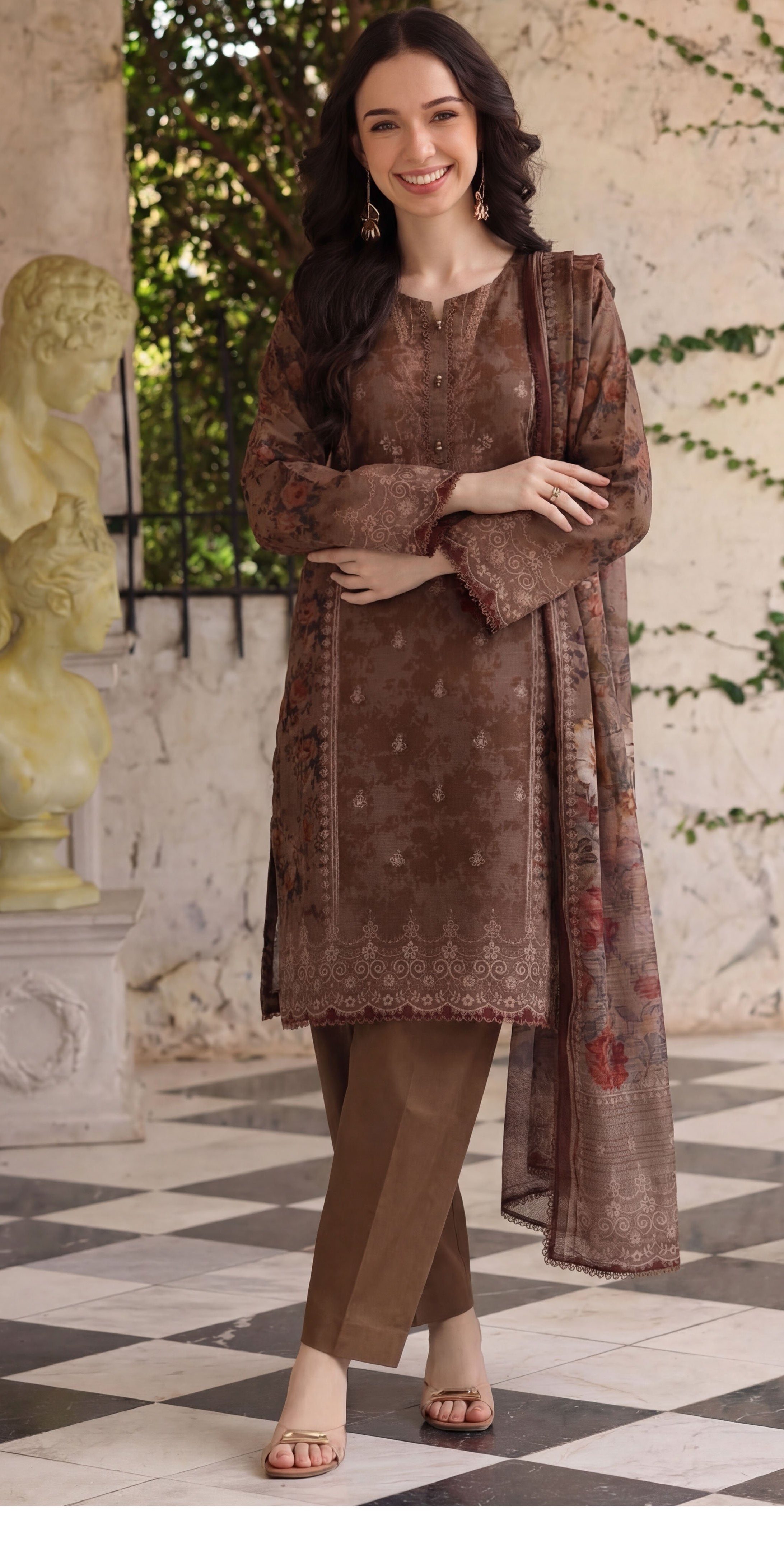 Rustic brown 3pc Lawn Stitched Suit