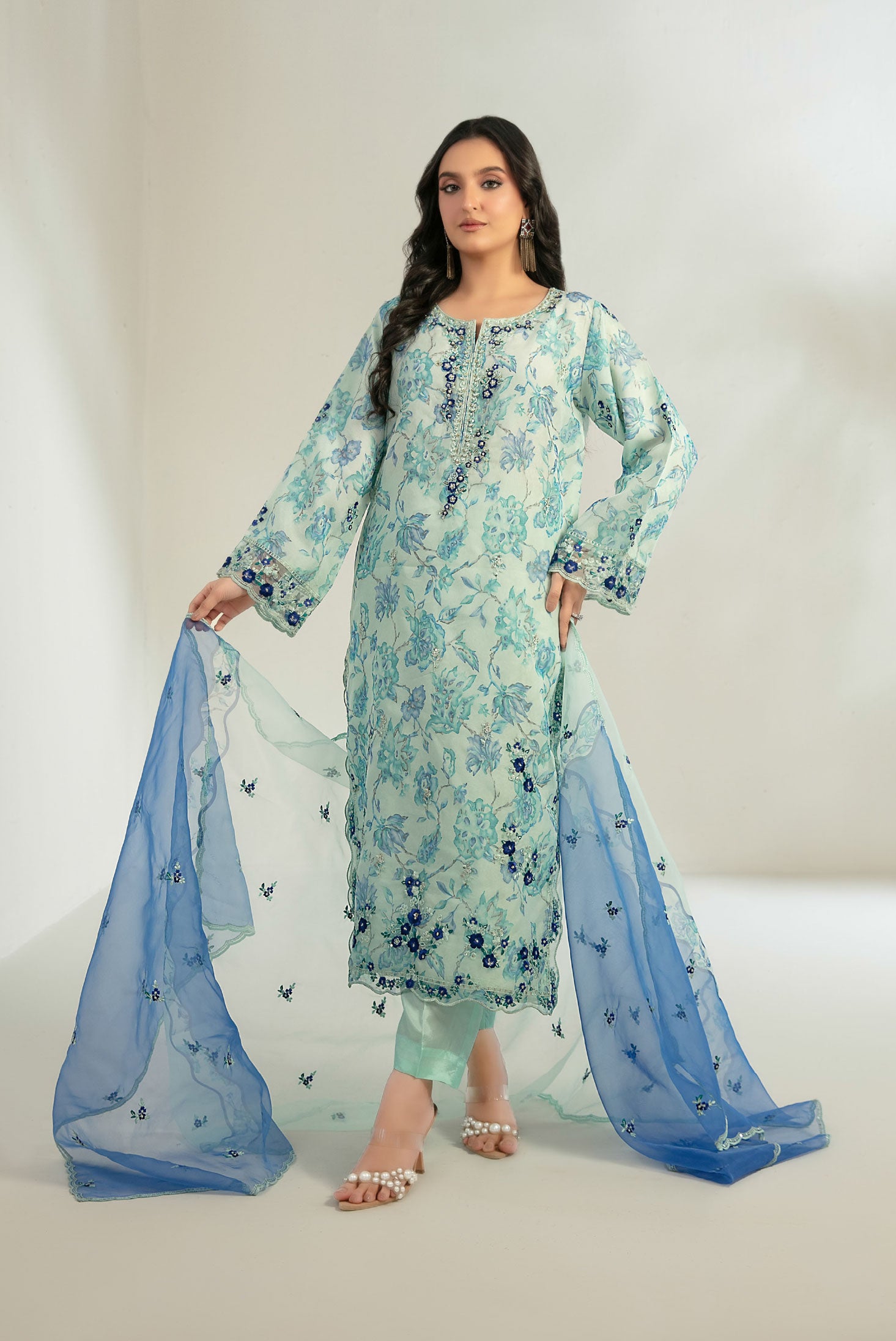 Mint Cream Stitched Fancy Embrioderd organza suit