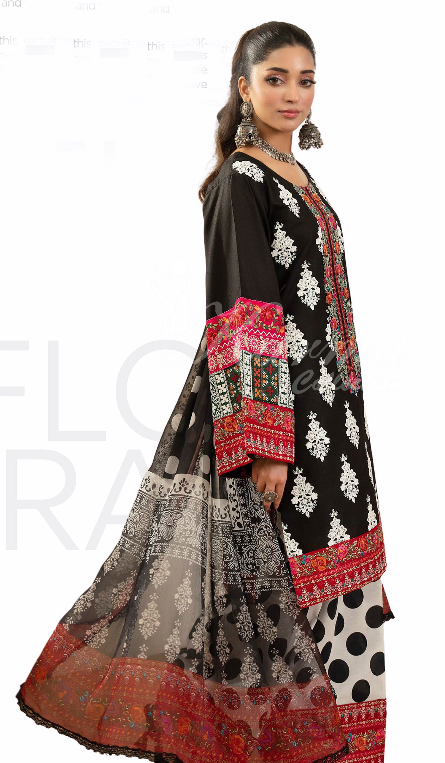 Rich Black Embroidered Lawn Suit with Printed Trouser & Chiffon Dupatta