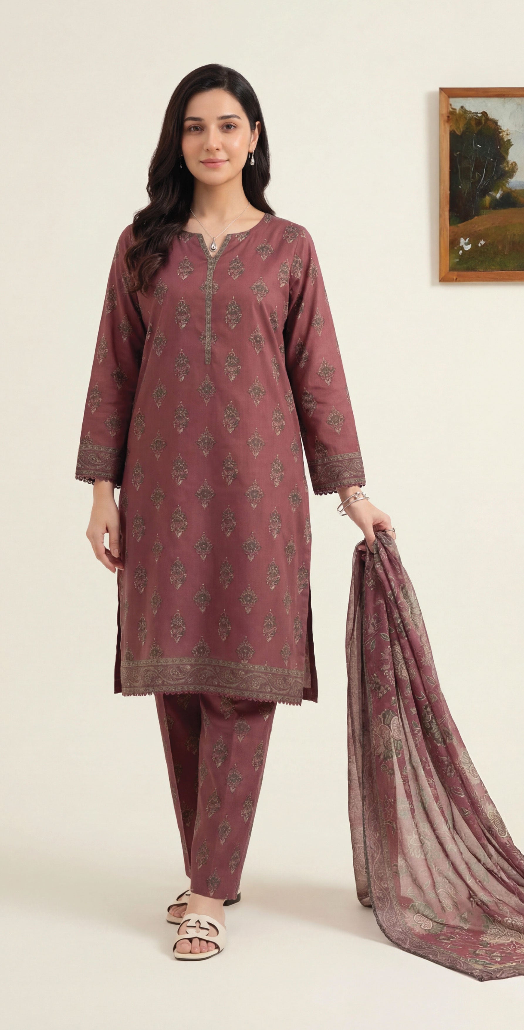 Dusty Rose Elite Lawn Rotary Print 3PC Ready-to-Wear