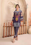 Navy Blue Khaddar 2-Piece Suit with Multicolor Traditional Prints