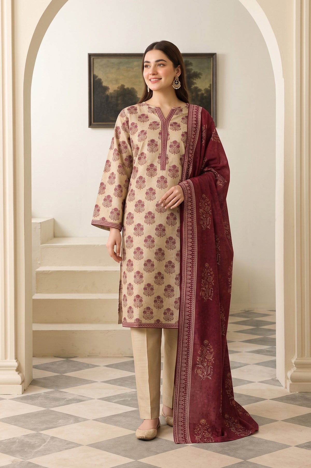 Ivory & Maroon Printed Khaddar 3-Piece Suit
