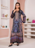 Navy Blue Printed Silk Long Shirt & Trouser Suit