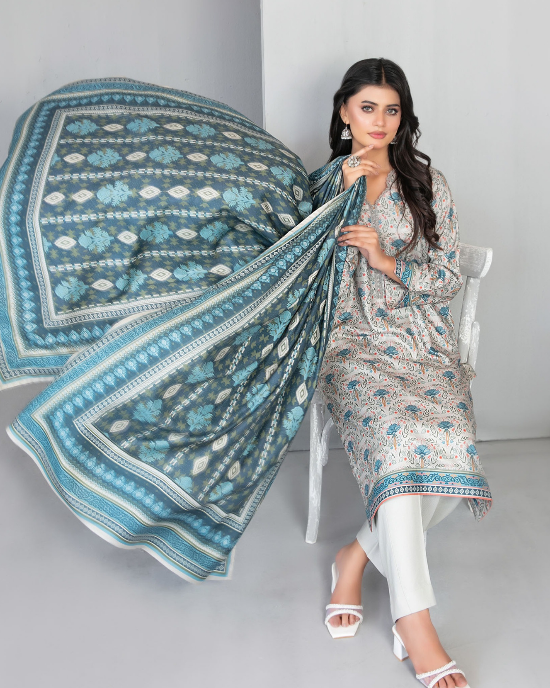 Off-White Floral Digital Print Shawl Dupatta 3-Piece Suit – Dilnur Collection