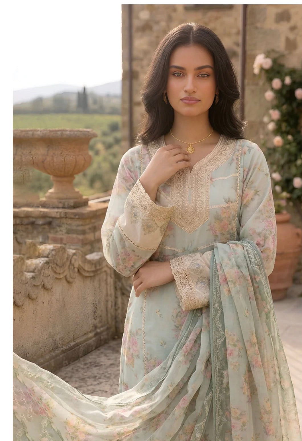 Mint Blossom Printed Lawn Suit with Farshi Shalwar