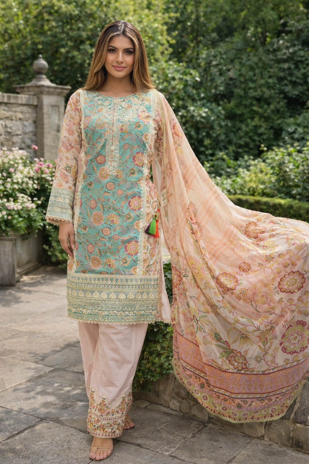 Karma Baby Blue 3pc Outfit With a Farshi Shalwar & Silk Scarf