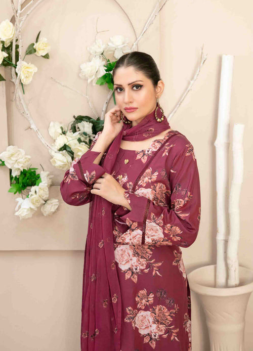 Maroon Floral 3-Piece Suit with Embroidered Chiffon Dupatta