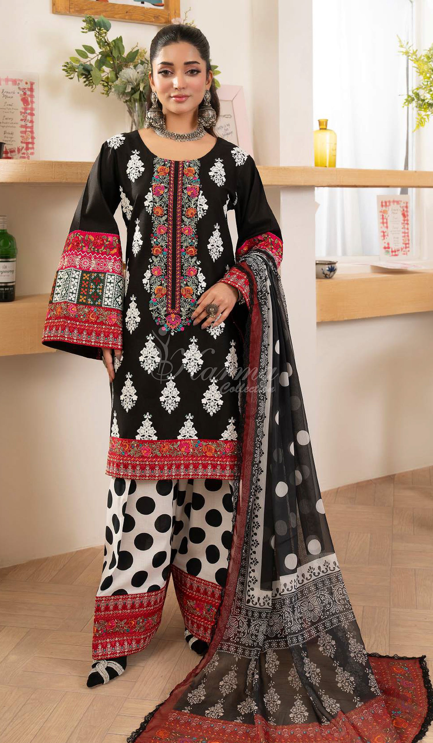 Rich Black Embroidered Lawn Suit with Printed Trouser & Chiffon Dupatta