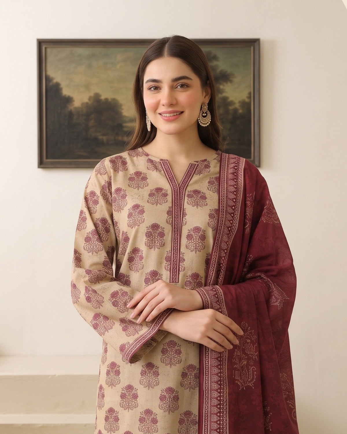 Ivory & Maroon Printed Khaddar 3-Piece Suit