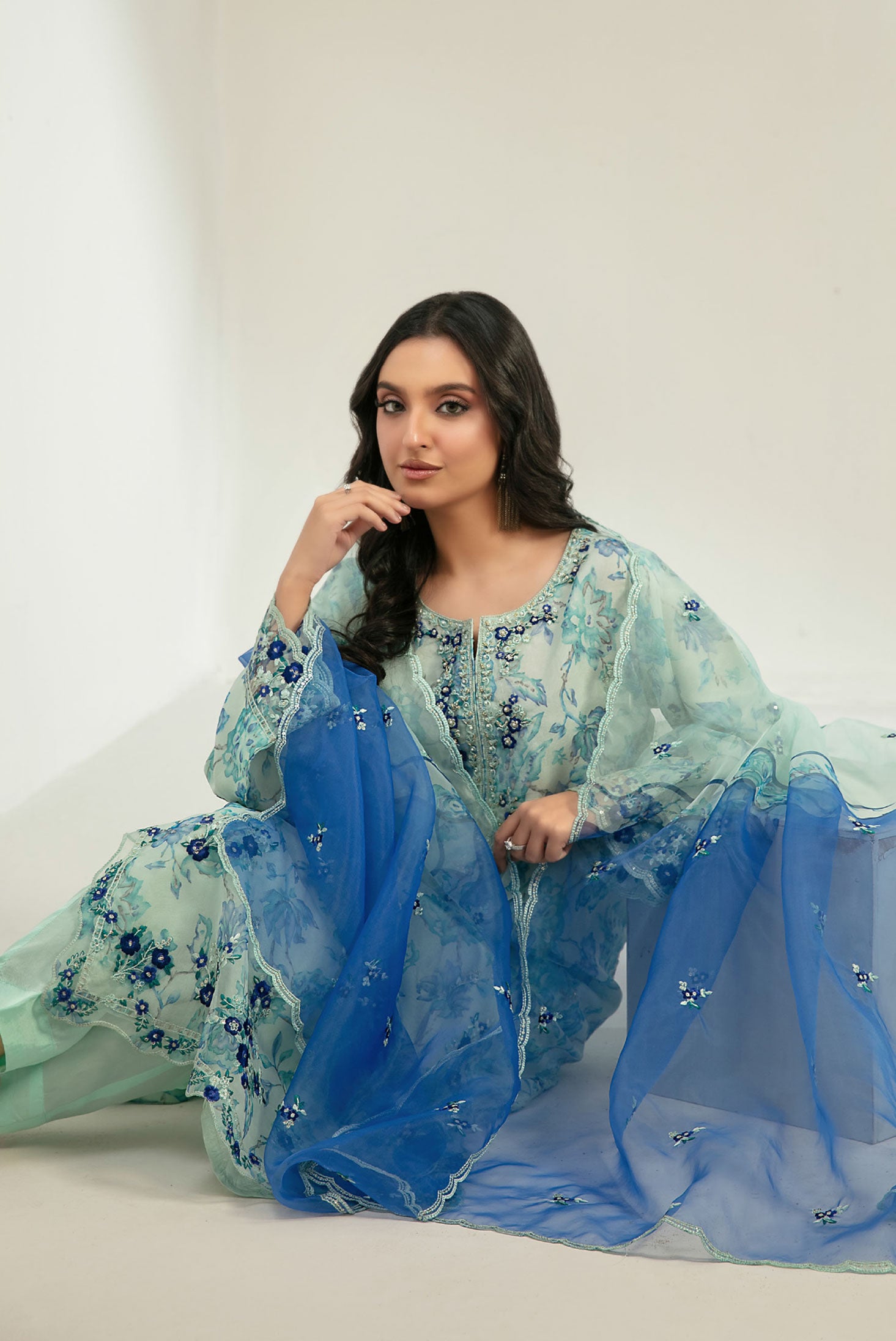 Mint Cream Stitched Fancy Embrioderd organza suit