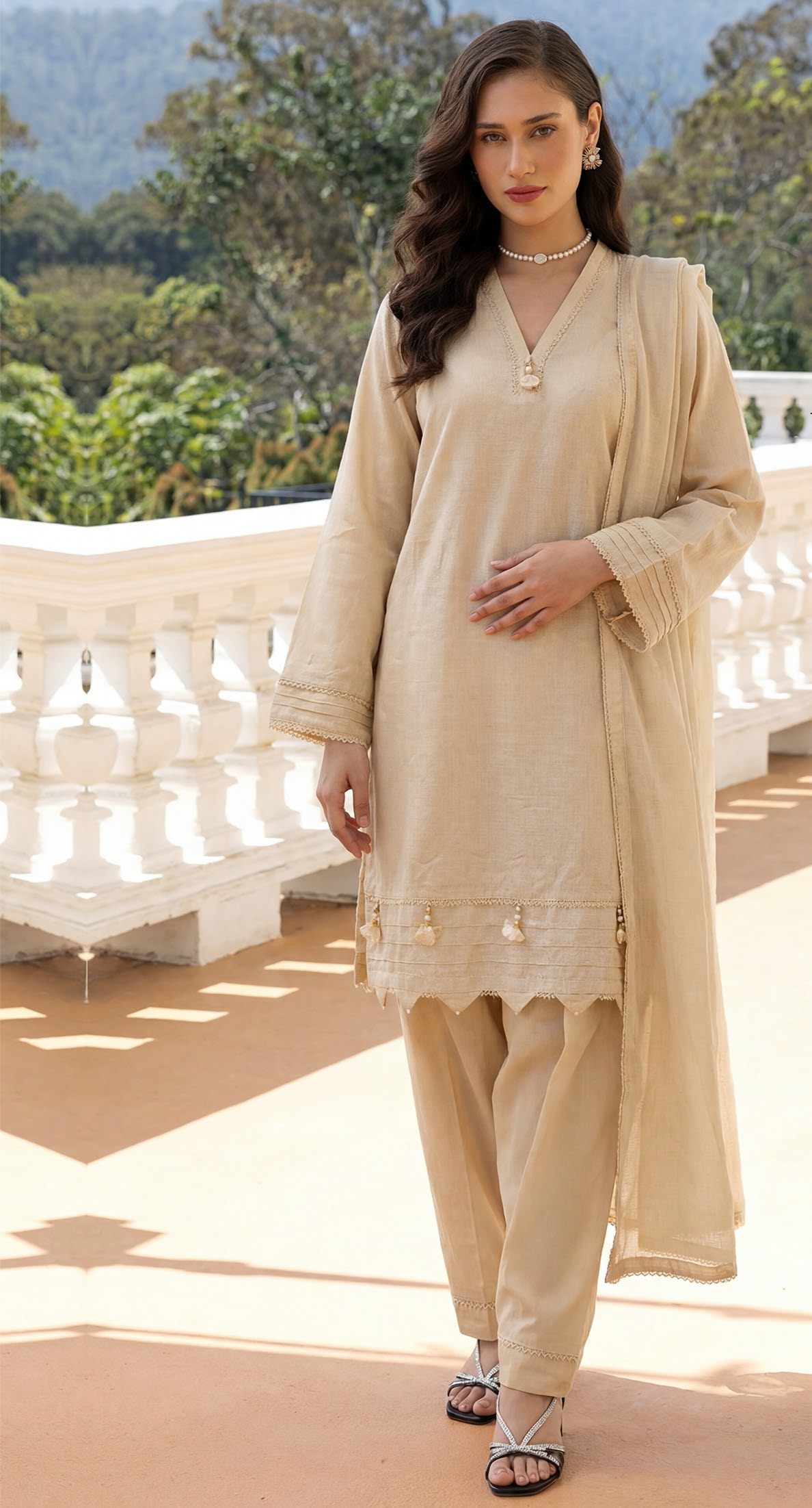 Warm Beige Premium Jacquard Lawn 3-Piece Stitched Suit